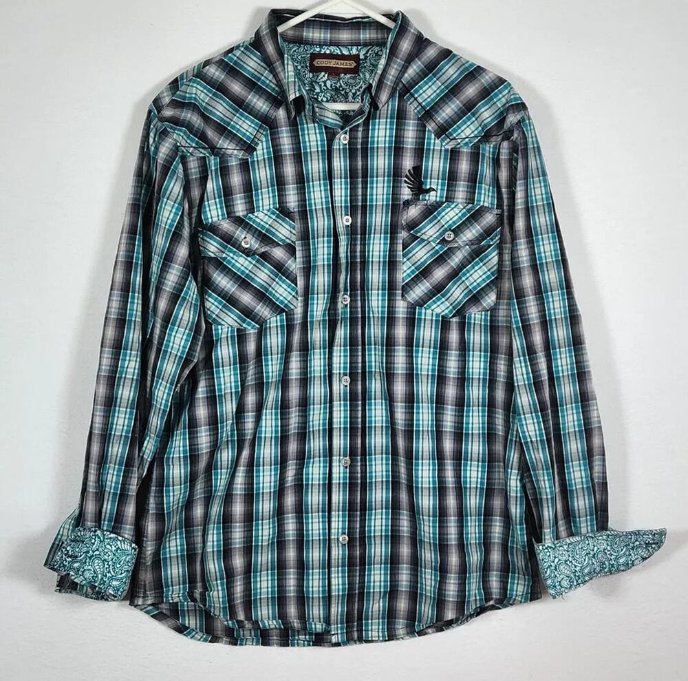 Cody James Western Shirt Men's SZ L Plaid Long Sleeve Pearl Snap Up 100% Cotton